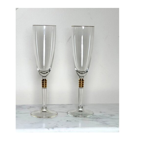 Vintage Gold Rim Champagne Flutes 9" Set of 2 Elegant Wedding Toast Glasses, - Picture 2 of 5